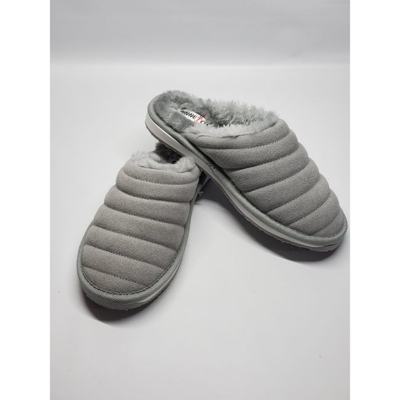 NWB Minnetonka Gray Suede Sussana Scuff Faux Shearling Slippers Sz 7 571 - Picture 4 of 5